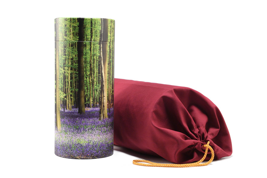 Scatter tube for ashes with a bluebell wood design