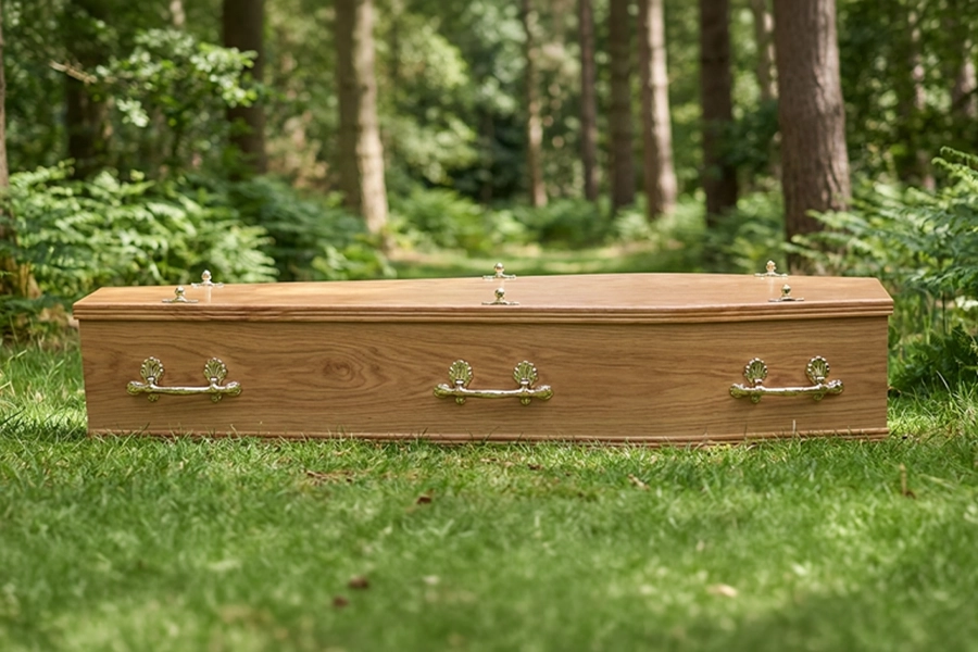 Oak veneered coffin with curved sides, The York