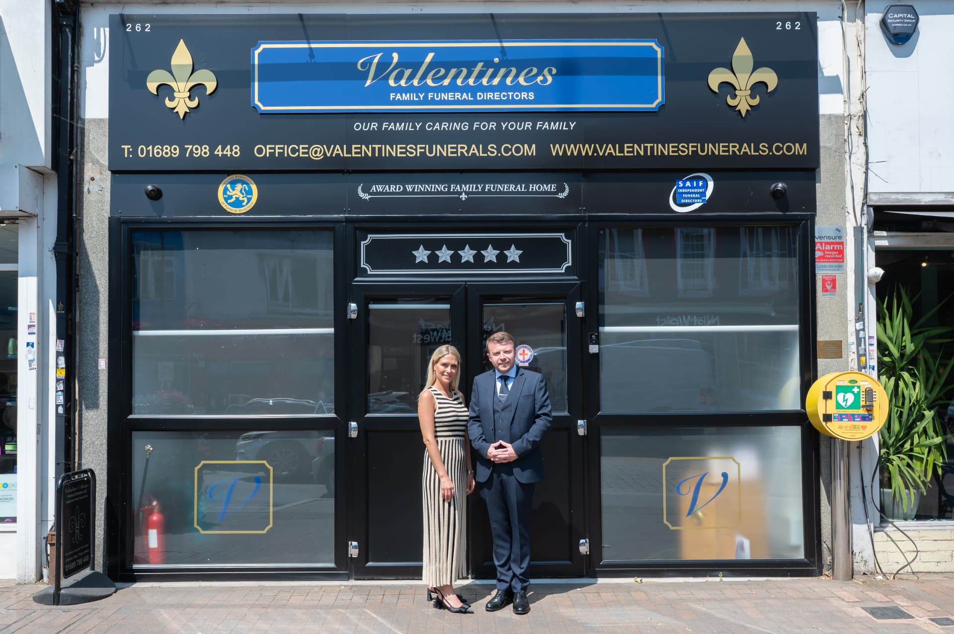 Gary and Kirsty Valentine-Fuller outside the Valentines Family Funeral Directors branch at 262 High Street, Orpington