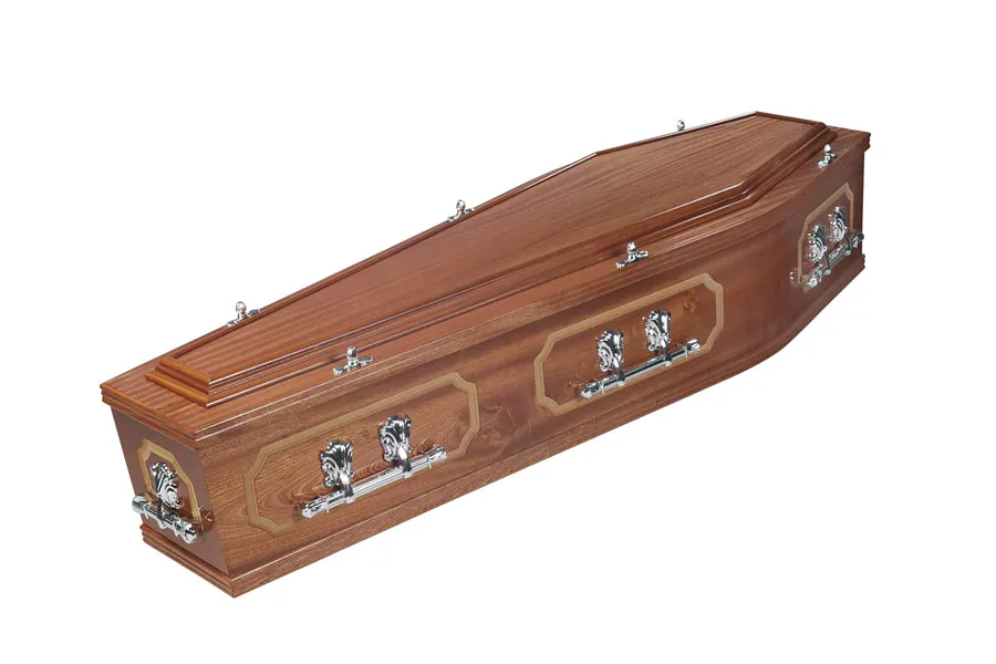 Mahogany veneered coffin with panelled sides, The Hartington