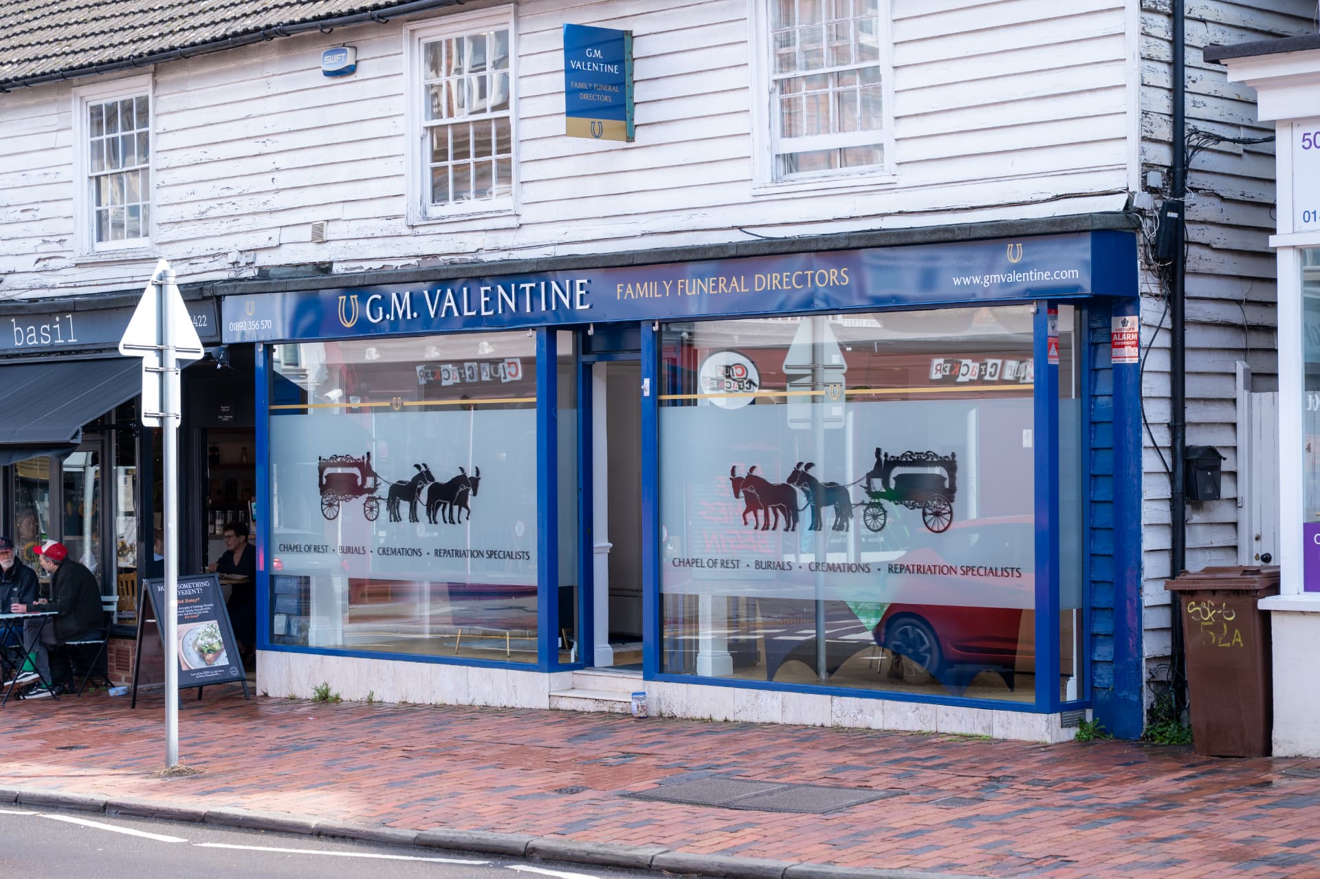 The G.M. Valentine Family Funeral Directors branch at 52–54 St John's Road, Royal Tunbridge Wells, with its navy and gold shopfront