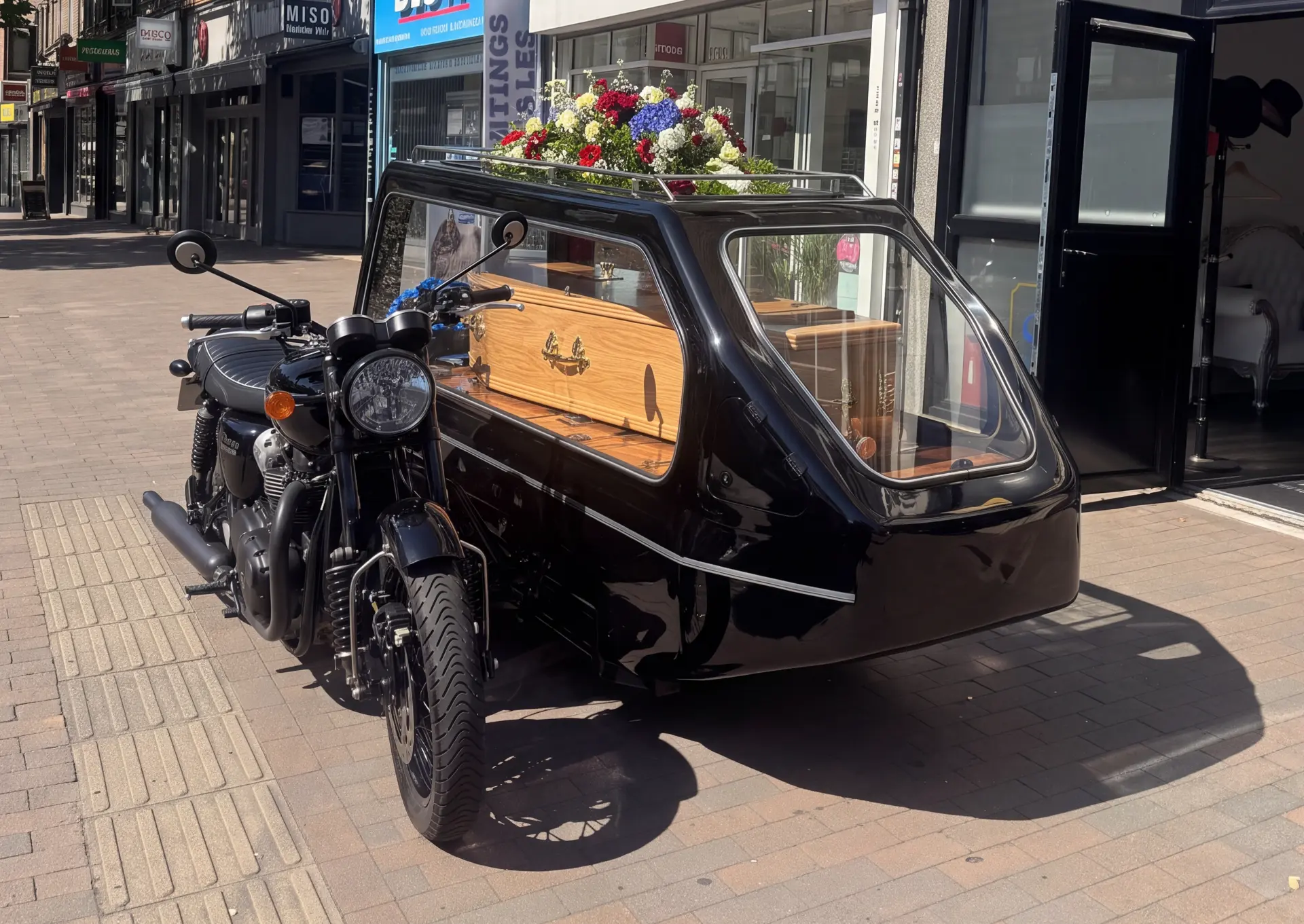 Black motorcycle with glass sidecar carrying an oak coffin with floral tributes