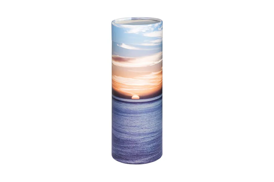 Scatter tube for ashes with an ocean sunset design