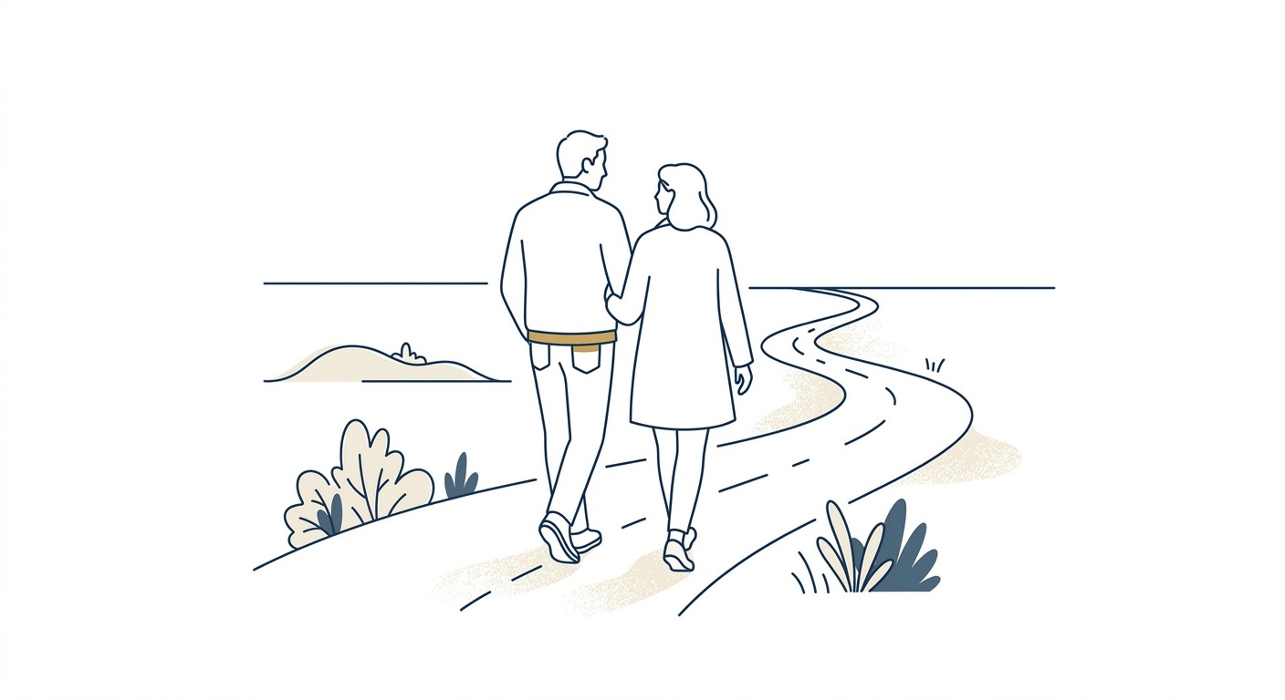 Line illustration of two people walking together along a winding path