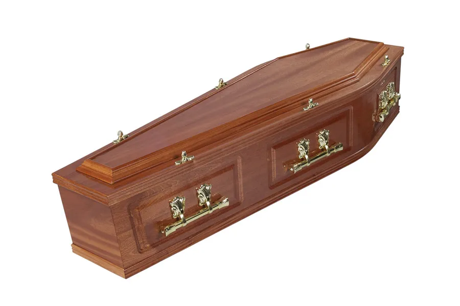 Mahogany veneered coffin with embossed panels, The Parwich