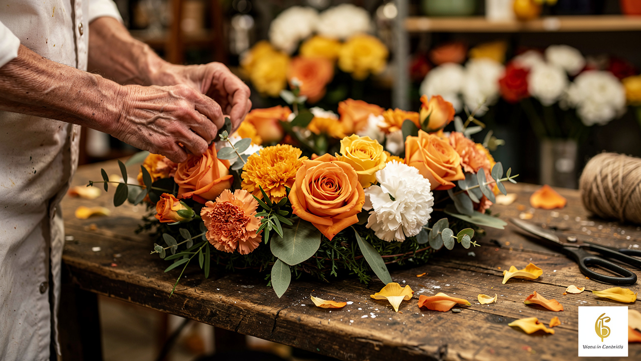 Florist carefully crafting a funeral wreath in a workshop
