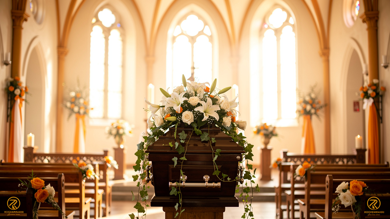 Coffin spray of white flowers inside a sunlit chapel