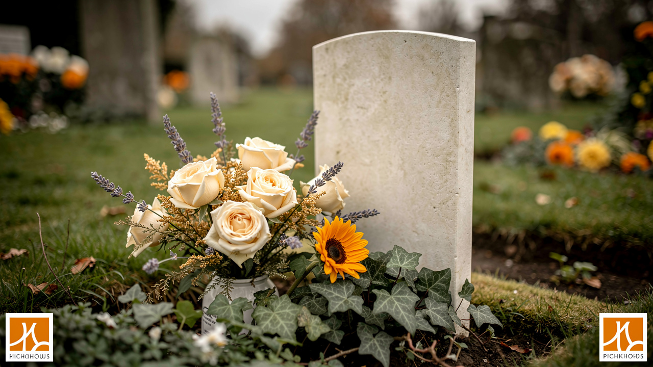 Cream roses and sunflower tribute placed at a graveside