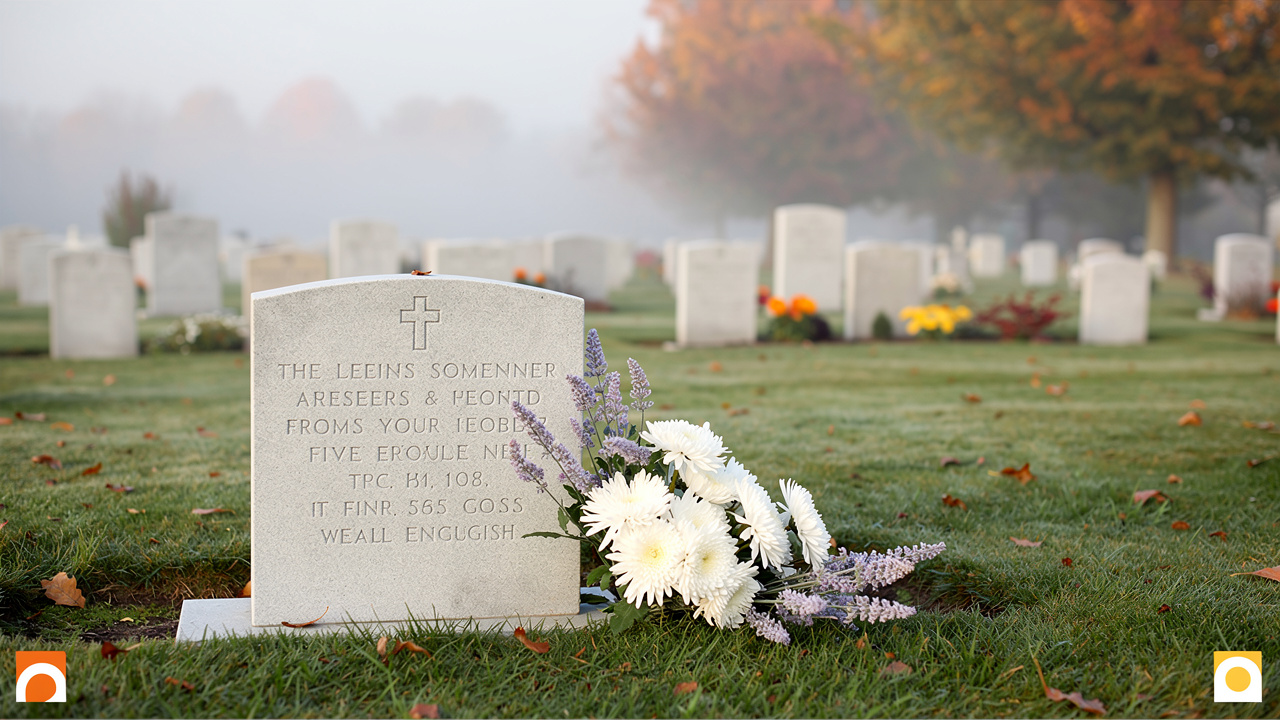Peaceful autumn cemetery with floral tribute in England